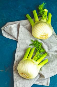 Fresh Florence fennel bulbs or Fennel bulb on dark blue concrete background. Healthy and benefits of Florence fennel bulbs.