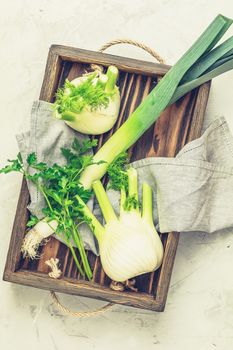 Fresh Florence fennel bulbs or Fennel bulb, leek and parsley in wooden box with dried grass on light gray concrete background. Healthy and benefits of Florence fennel bulbs.