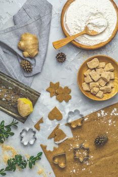 Culinary Spring or Christmas food background. Ingredients for ginger cookies. Dough for baking. View from above.