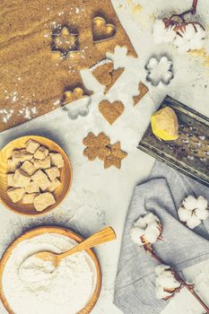 Culinary Spring or Christmas food background. Ingredients for ginger cookies. Dough for baking. View from above.