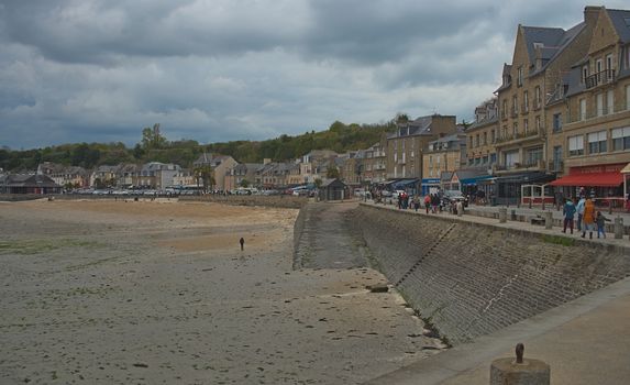 CANCALE, FRANCE - April 7th 2019 - View from boardwalk at Atlantic ocean shore and town