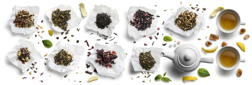 Large assortment of tea on a white background. The view from the top.