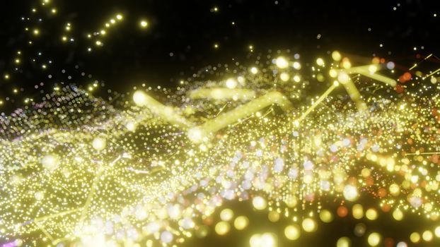 Plexus of abstract yellow dots on a black background. Loop animations. 3D illustration