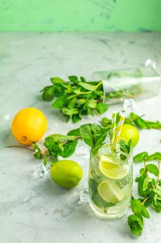 Mojito cocktail with lime and mint in highball glass on a gray and green concrete stone surface background. With copy space for your text