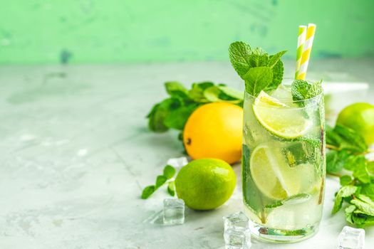 Mojito cocktail with lime and mint in highball glass on a gray and green concrete stone surface background. With copy space for your text