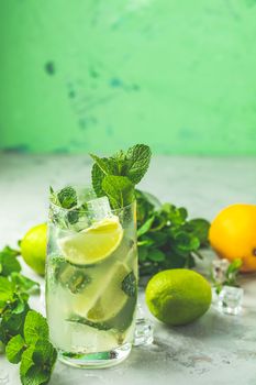 Mojito cocktail with lime and mint in highball glass on a gray and green concrete stone surface background. With copy space for your text