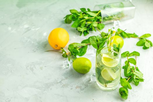 Mojito cocktail with lime and mint in highball glass on a gray and green concrete stone surface background. With copy space for your text