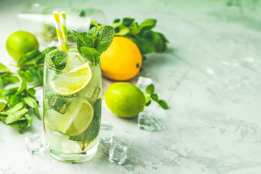 Mojito cocktail with lime and mint in highball glass on a gray and green concrete stone surface background. With copy space for your text