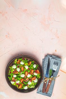 Fresh Cherry Tomato, Mozzarella salad with green lettuce mix served on a brown ceramic plate, healthy food, light pink living coral stone concrete surface, top view, copy space.