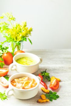 Concept of healthy vegetable and legume soups. Vegetables soup with carrot, eggs and chicken, mushroom cream soup with herbs and crackers and ingredients. Top view on the background of a light gray wooden board, copy space.