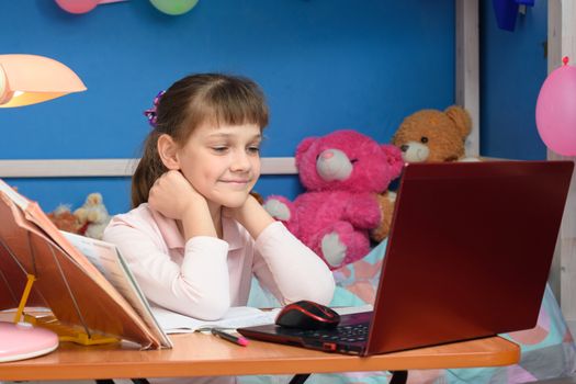 The girl saw her friends in an online conference in a lesson at home