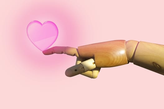 Heart shape on hand of wood doll index finger to touch ,  Concept VALENTINE day  