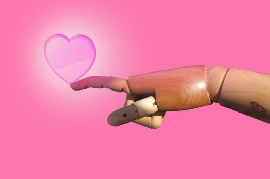 Heart shape on hand of wood doll index finger to touch ,  Concept VALENTINE day  