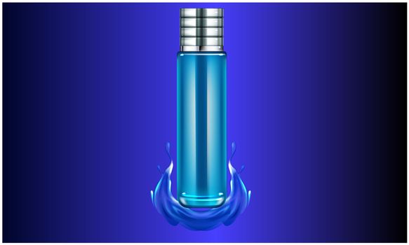 mock up illustration of long glass bottle perfume on blue liquid background