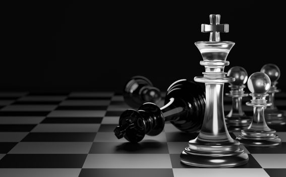 King of clear white chess has made checkmate king of black chess in dark black background. Concept of the strategic planning of leadership for victory in the competition of business games. 3D render.