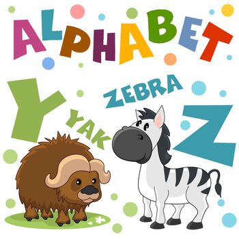 A set of letters with pictures of animals, words from the English alphabet. For the education of children. Characters animals zebra and yak.