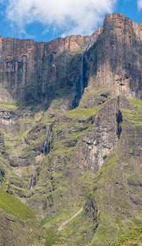 Vertical panorama of the second tallest waterfall on earth, the Tugela Falls, as seen from the Tugela Tunnel Cave