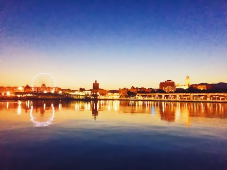 View of the Port of Malaga, the capital city of Andalucia region in Spain at sunset, travel