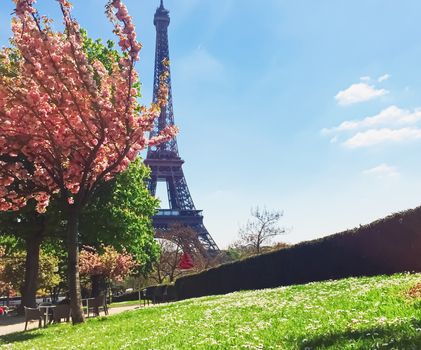 Eiffel Tower and blue sky, famous landmark in Paris, France in spring