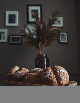 Fresh homemade breads with some decorations on the table.