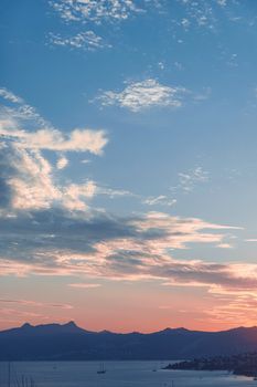 Beautiful sea view and mountains in the Mediterranean at sunset, summer vacation travel and holiday destination