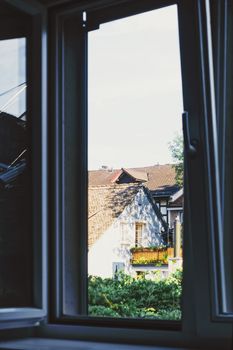 European architecture and daily life of city center street in Zurich, Switzerland in summer