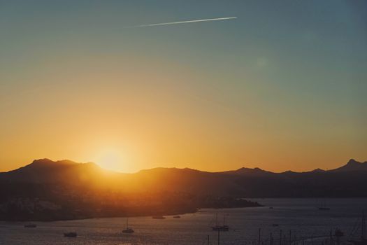 Beautiful sea view and mountains in the Mediterranean at sunset, summer vacation travel and holiday destination