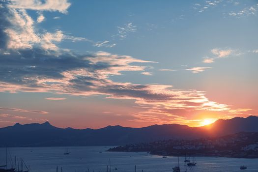 Beautiful sea view and mountains in the Mediterranean at sunset, summer vacation travel and holiday destination