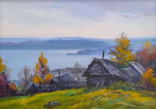 Autumn in the village, landscape of the Russian village, river and autumn, oil painting.