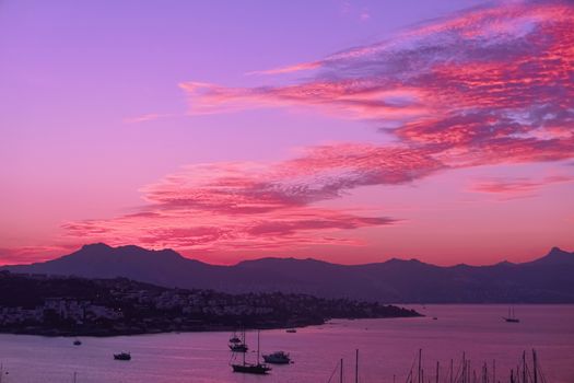 Beautiful sea view and mountains in the Mediterranean at sunset, summer vacation travel and holiday destination