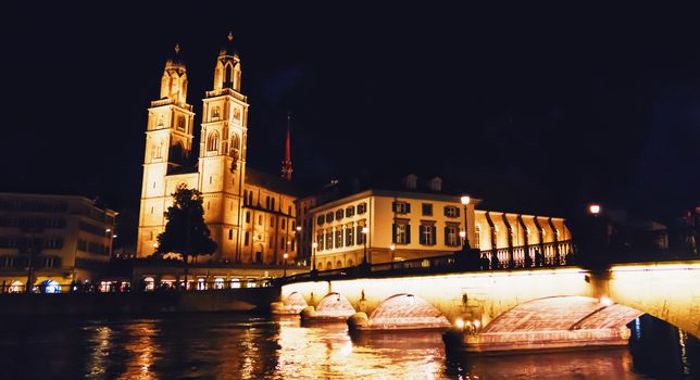 European architecture and night view of city center street in Zurich, Switzerland at night