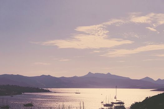 Beautiful sea view and mountains in the Mediterranean at sunset, summer vacation travel and holiday destination