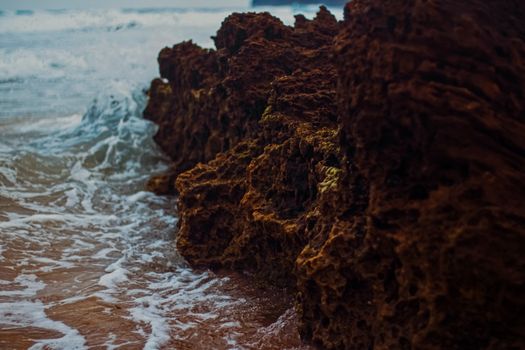 Storm in the ocean, sea waves crashing on rocks on the beach coast, nature and waterscape scenery