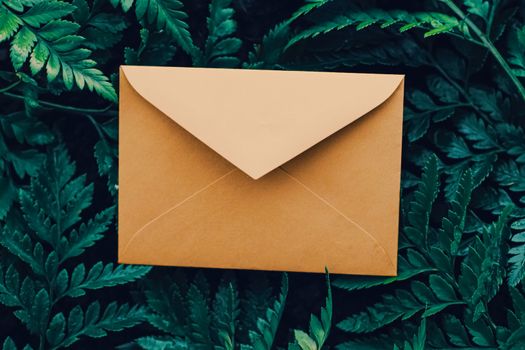 Blank envelope and green leaves in nature, paper card as background, correspondence and newsletter concept