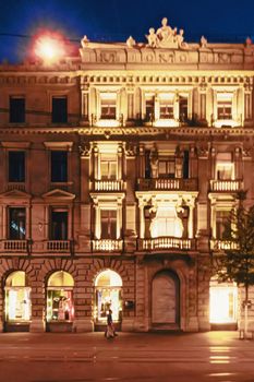 European architecture and night view of city center street in Zurich, Switzerland at night