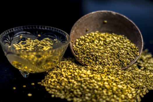 Close shot of mung bean or moong dal in a clay bowl along with some water and moong dal well mixed on a black glossy surface. Horizontal shot with Rembrandt lighting technique.