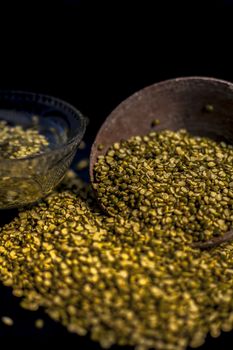 Close shot of mung bean or moong dal in a clay bowl along with some water and moong dal well mixed on a black glossy surface.Vertical shot with Rembrandt lighting technique.