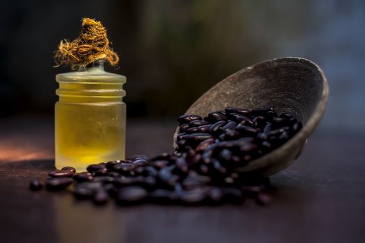 Close up of raw kidney beans on brown colored surface in a clay bowl and its oil in a small transparent glass bottle with a spotlight on it. Horizontal shot.