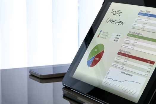 Charts and data on the tablet screen with smartphone next to the window at the office