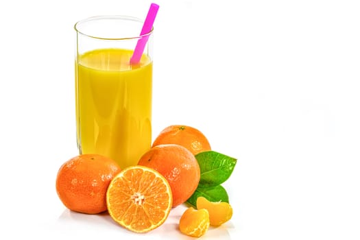 Glass of fruit juice from oranges, mandarins, and its fruits isolated on a white background