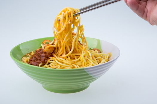 Famous Malaysia Prawn noodle with chili paste, Malaysia shrimp noodle, Penang prawn noodle