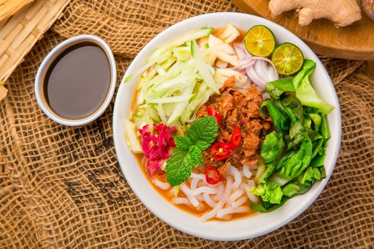 Assam Laksa (Noddle in Tangy Fish Gravy) is a Special Malaysian Food Popular in Penang
