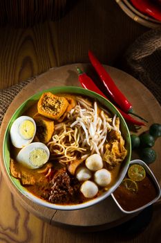 Curry Laksa which is a popular traditional spicy noodle soup from the culture in Malaysia.