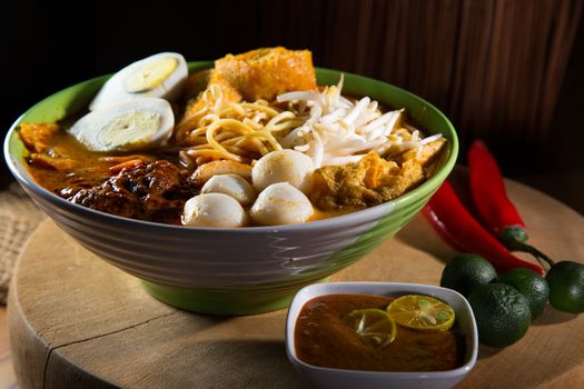 Curry Laksa which is a popular traditional spicy noodle soup from the culture in Malaysia.