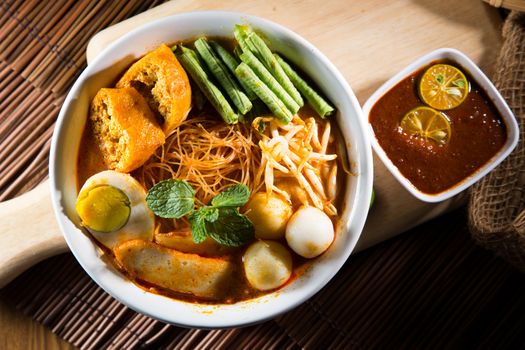 Curry Laksa which is a popular traditional spicy noodle soup from the culture in Malaysia.