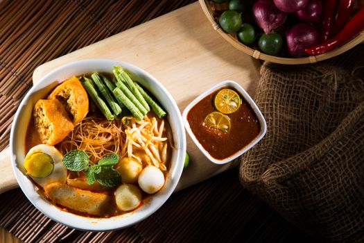 Curry Laksa which is a popular traditional spicy noodle soup from the culture in Malaysia.