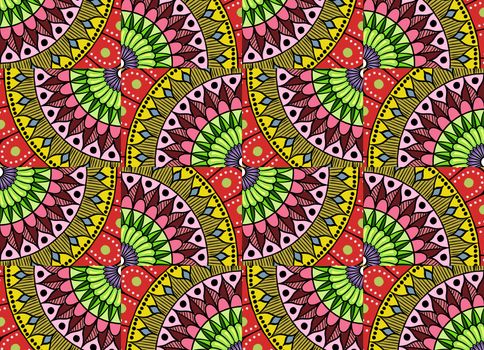 Colorful floral ethnic mandala pattern in patchwork boho chic style in yellow and red colors, in portuguese and moroccan motive