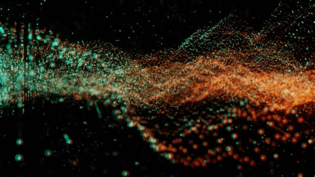 Plexus of abstract orange and green dots on a black background. Loop animations. 3D illustration