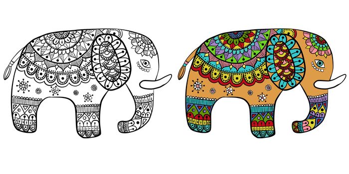 drawing of a cartoon cute ethnic ornate elephant - in color and line art, coloring page