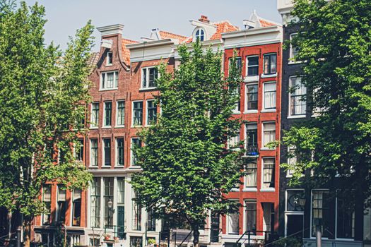 Main downtown street in the city center of Amsterdam in Netherlands on sunny day